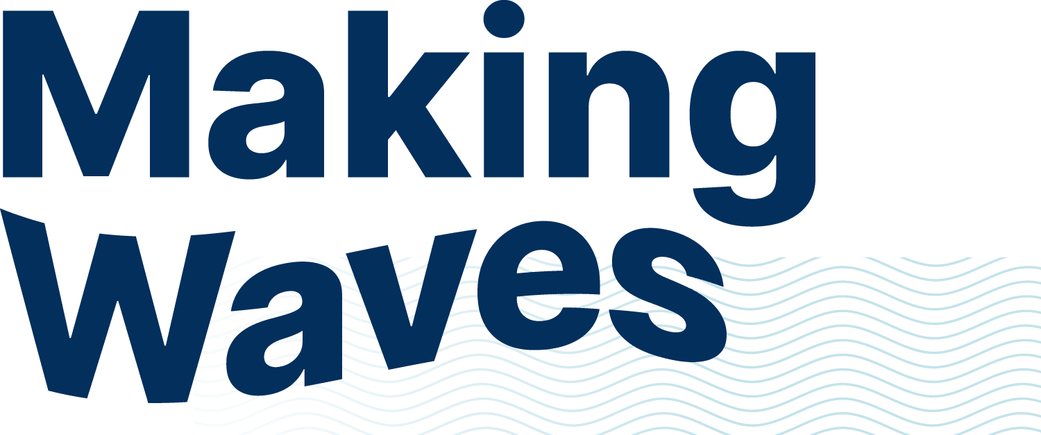 Making Waves logo – bold navy blue text with light blue ocean wave pattern design